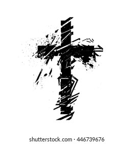 Vector christian cross symbol. Grunge illustration with tattoo styled blackwork and dotwork technique.