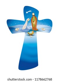 Vector christian cross whit nativity scene on blue background