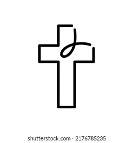 Vector christian fish symbol with cross icon. Religious monoline sign logo for print. illustration isolated on a white background.