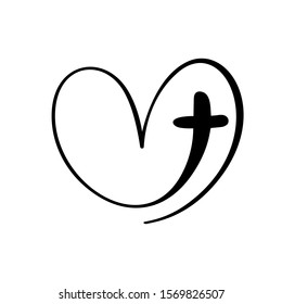 Vector Christian logo Heart with Cross on a White Background. Hand Drawn Calligraphic symbol. Minimalistic religion icon