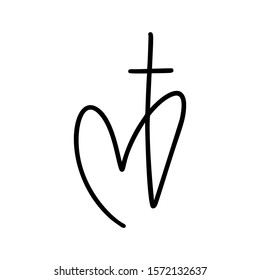 Vector Christian logo Heart with Cross on a White Background. Hand Drawn Calligraphic symbol. Minimalistic religion icon