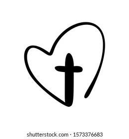 Vector Christian logo Heart with Cross on a White Background. Isolated Hand Drawn Calligraphic symbol. Minimalistic religion icon