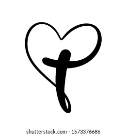 Vector Christian logo Heart with Cross on a White Background. Isolated Hand Drawn Calligraphic symbol. Minimalistic religion icon