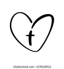 Vector Christian logo Heart with Cross on a White Background. Isolated Hand Drawn Calligraphic symbol. Minimalistic religion icon