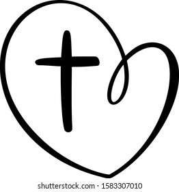 Vector Christian logo Heart with Cross on a White Background. Isolated Hand Drawn Calligraphic symbol. Minimalistic religion icon