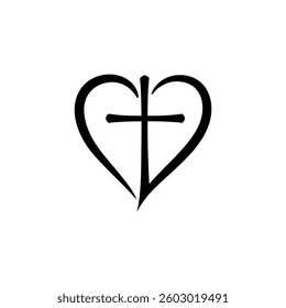 Vector Christian logo Heart with Cross on a White Background. Isolated Hand Drawn Calligraphic symbol. Minimalistic religion icon.