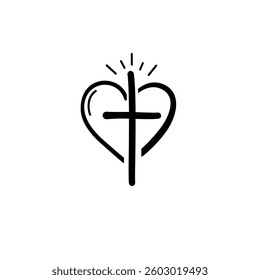 Vector Christian logo Heart with Cross on a White Background. Isolated Hand Drawn Calligraphic symbol. Minimalistic religion icon.
