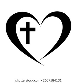 Vector Christian logo Heart with Cross on a White Background. Isolated Hand Drawn symbol. Minimalistic religion icon or logo.
