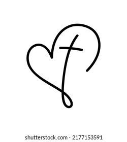 Vector Christian logo monoline Heart with Cross on a White Background. Hand Drawn Calligraphic symbol. Minimalistic religion icon.