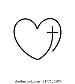 Vector Christian logo monoline Heart with Cross on a White Background. Hand Drawn Calligraphic symbol. Minimalistic religion icon.