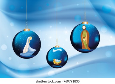 Vector christian nativity scene with Mary , Joseph , Jesus in christmas balls on elegant blue background