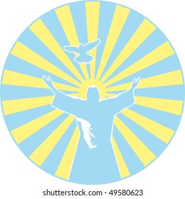Vector Christian symbol, an image of Jesus Christ with outstretched arms and flying pigeon
