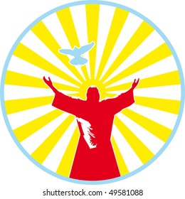 Vector Christian symbol, an image of Jesus Christ with outstretched arms and flying pigeon