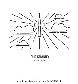 Vector christianity illustration. Cross in the sky with clouds isolated on white background. Religion line illustration