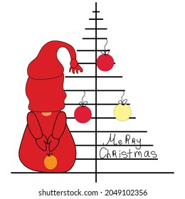 Vector Christmas 2025 card with hand drawn cute Scandinavian gnome . Abstract  line trees, color Christmas balls .