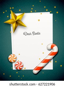 Vector christmas A4 mockup. Blank letter to Santa Claus. Cool template for a winter seasonal ad. Mint candy, sweets and gold star confetti. 