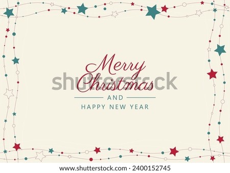 Vector Christmas A4 template frame card with Christmas decor - stars, circles. Text: Merry Christmas and Happy New Year.