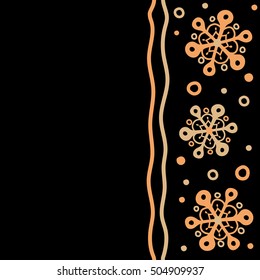 Vector christmas abstract black background with falling snowflakes. Vertical snowflakes pattern in brown colors with copy space (place for your text).