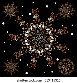 Vector christmas abstract black background with falling snowflakes. Set of 5 snowflakes in brown colors.