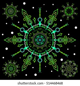 Vector christmas abstract black background with falling snowflakes. Set of 5 snowflakes in green colors.