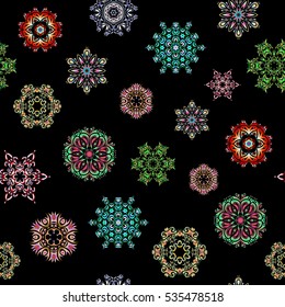Vector christmas abstract black background with falling snowflakes. Snowflakes pattern in neutral, blue and green colors.