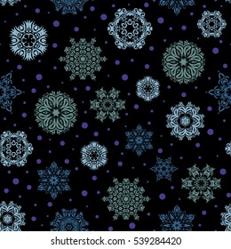 Vector christmas abstract black background with falling snowflakes. Snowflakes pattern in blue and violet colors.