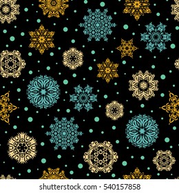 Vector christmas abstract black background with falling snowflakes. Snowflakes pattern in blue, yellow and green colors.