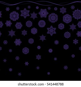 Vector christmas abstract black background with falling snowflakes. Snowflakes pattern in violet colors.