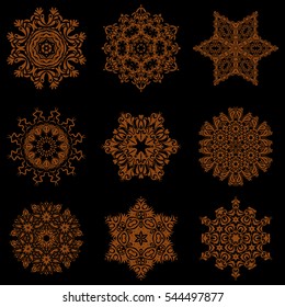 Vector christmas abstract black background with falling snowflakes. Set of 9 snowflakes in brown colors.