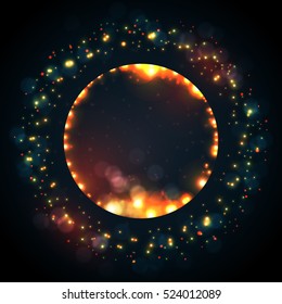 Vector christmas abstract bokeh background. Festive defocused lights. Glowing circle on black background. 