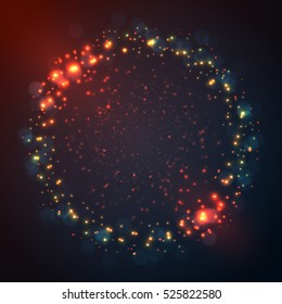 Vector christmas abstract bokeh background. Festive defocused lights. Glowing circle on black background. 