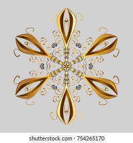 Vector christmas abstract colorful background with cute snowflake. Vector illustration. A gray, brown and yellow colors with snowflakes.