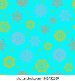 Vector christmas abstract design on blue background with falling snowflakes. Snowflakes pattern.