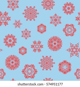 Vector christmas abstract design on blue background with falling snowflakes. Snowflakes pattern.