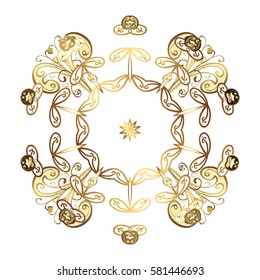 Vector christmas abstract design on white background with falling gold snowflakes. Snowflakes pattern.