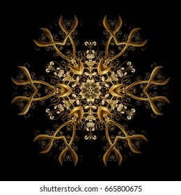Vector christmas abstract design on black background with falling gold snowflakes. Snowflakes pattern.