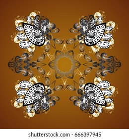 Vector christmas abstract design on brown background with falling gold snowflakes. Snowflakes pattern.