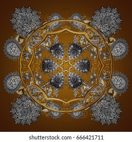 Vector christmas abstract design on brown background with falling gold snowflakes. Snowflakes pattern.