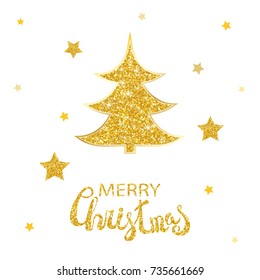 Vector christmas abstract fir tree and shining golden stars. Glowing glitter background with stars and christmas tree of gold. Xmas and new year invitation template.
