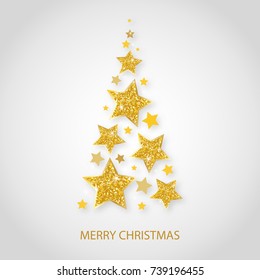 Vector christmas abstract fir tree of shining golden stars. Glowing Glitter background with stars of gold, volumetric design. Xmas and new year invitation template.
