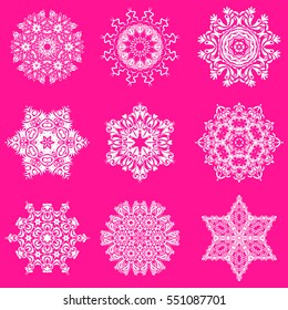 Vector christmas abstract magenta background with falling snowflakes. Set of 9 snowflakes.