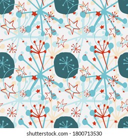 Vector Christmas abstract seamless pattern. Winter ornaments for fabrics, surfaces, paper wrapping. Minimalistic endless texture. Hygge design. Blue and red stars and snowflakes on white.