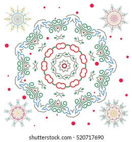 Vector christmas abstract white background with falling snowflakes. Set of 5 snowflakes in green and red colors.