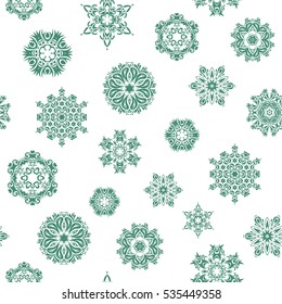 Vector christmas abstract white background with falling snowflakes. Snowflakes pattern in green colors.