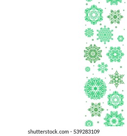 Vector christmas abstract white background with falling snowflakes. Vertical snowflakes pattern in green colors with copy space (place for your text).