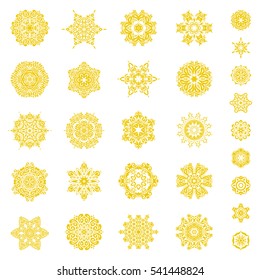 Vector christmas abstract white background with falling snowflakes. Set of 29 snowflakes in yellow colors.