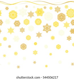 Vector christmas abstract white background with falling snowflakes. Snowflakes pattern in beige and yellow colors.