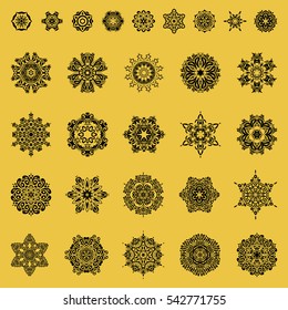 Vector christmas abstract yellow background with falling snowflakes. Set of 29 snowflakes.