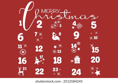 Vector Christmas advent calendar with bird, gifts, christmas tree, decorative balls. Countdown holiday calendar on red background