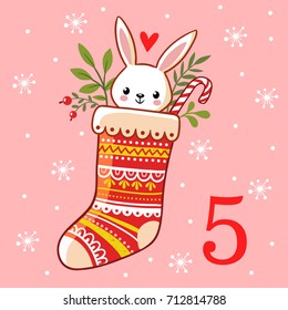 Vector Christmas advent calendar in children's style. The hare is sitting in a Christmas sock. Illustration with a cute rabbit.